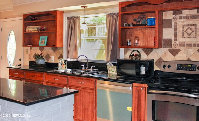 kitchen featuring open shelves, stainless steel appliances, a sink, and tasteful backsplash