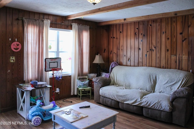 living area with wooden walls, plenty of natural light, and beam ceiling