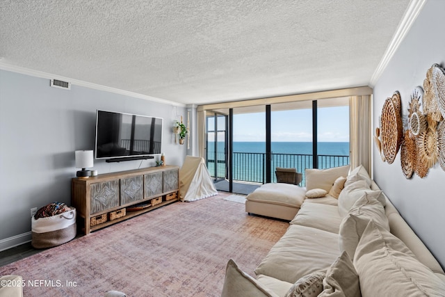 1301 1st St S Unit 1507, Jacksonville Beach, FL 32250 - living room with visible vents, a textured ceiling, and crown molding