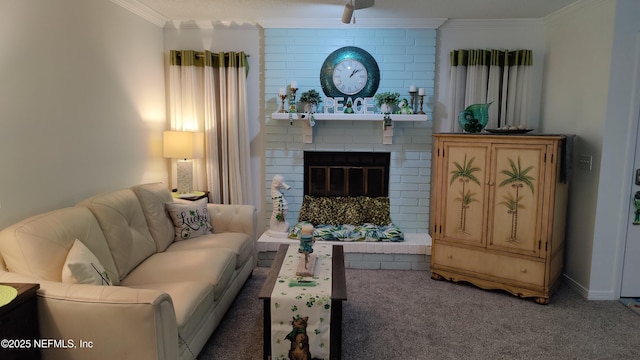 carpeted living area with baseboards, ornamental molding, and a brick fireplace
