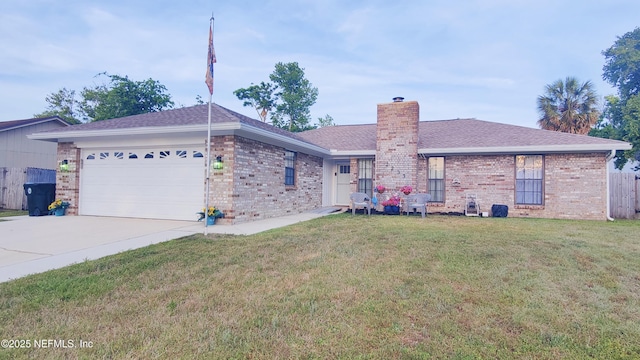ranch-style house featuring driveway, a front lawn, and brick siding