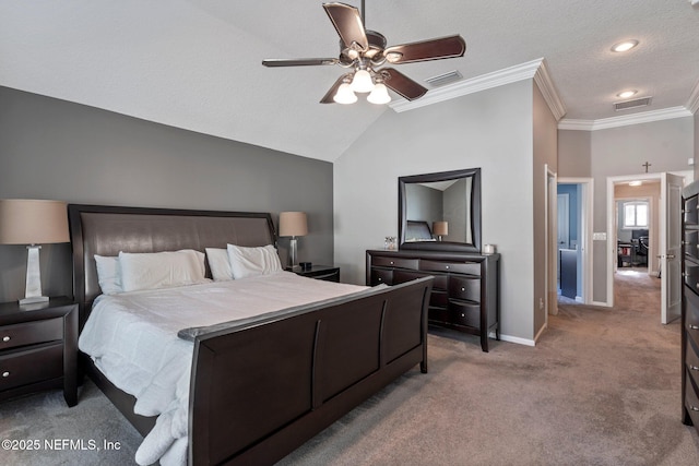 bedroom with baseboards, visible vents, carpet, and ornamental molding