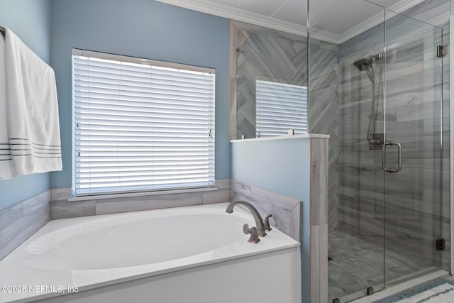 full bath with a garden tub, crown molding, and a stall shower