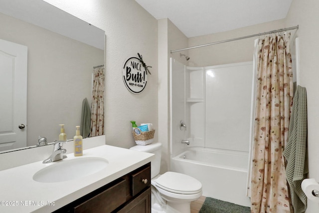 full bathroom featuring toilet, vanity, and shower / bathtub combination with curtain