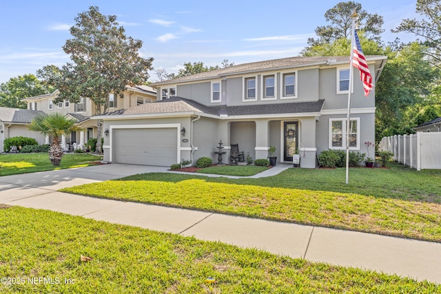 view of front of home featuring driveway, fence, an attached garage, a front yard, and stucco siding