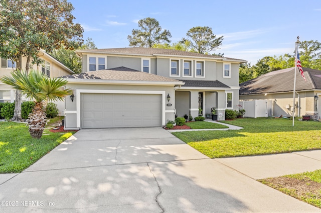 traditional-style house with fence, stucco siding, driveway, a front yard, and a garage