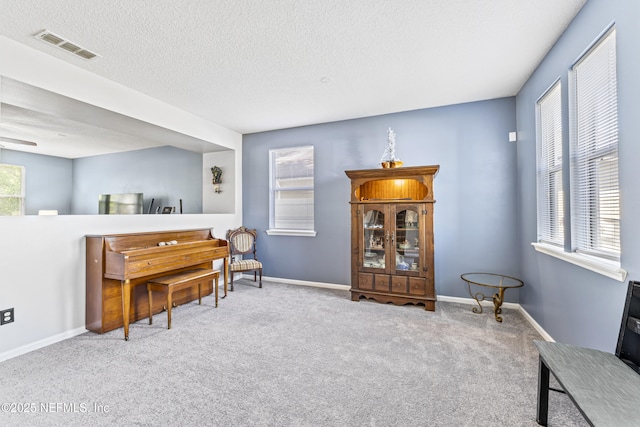 living area featuring a textured ceiling, visible vents, carpet flooring, and baseboards