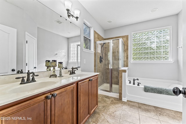 bathroom with plenty of natural light, a stall shower, and a sink
