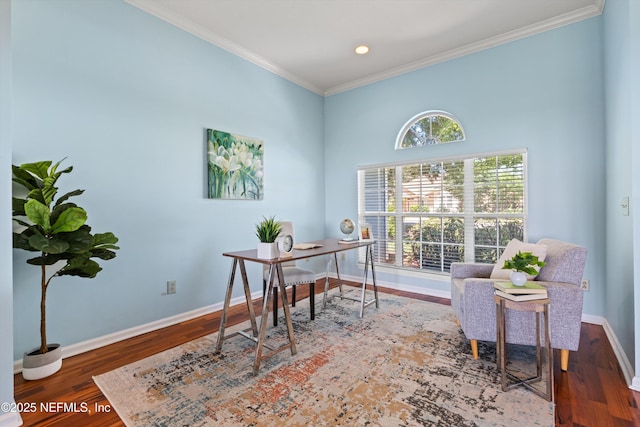 office featuring crown molding, baseboards, recessed lighting, and wood finished floors