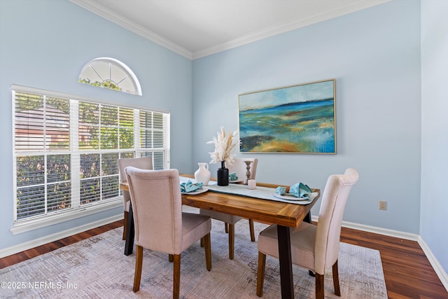 office space featuring crown molding, baseboards, and wood finished floors