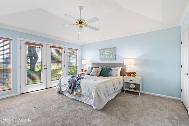 bedroom with carpet flooring, crown molding, access to exterior, and french doors