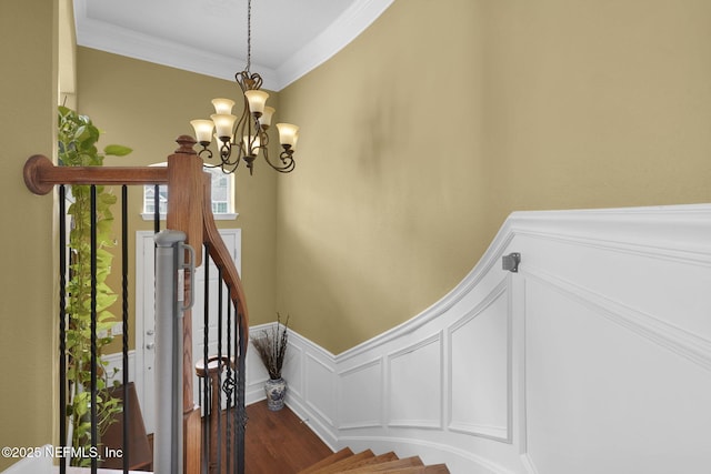 stairway with wainscoting, a chandelier, wood finished floors, a decorative wall, and ornamental molding