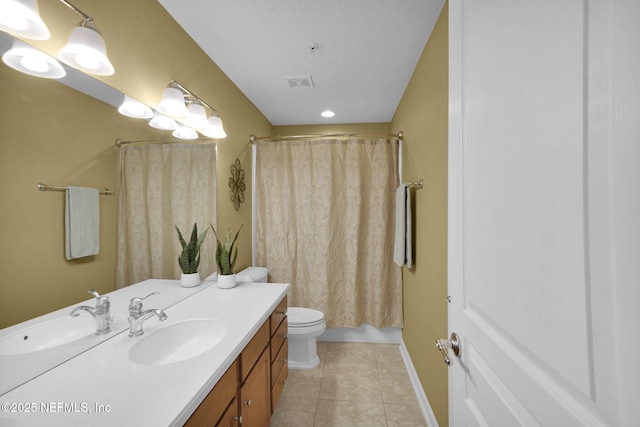 full bathroom with tile patterned floors, toilet, baseboards, visible vents, and vanity