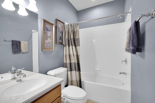 full bath featuring shower / bath combo, toilet, and vanity