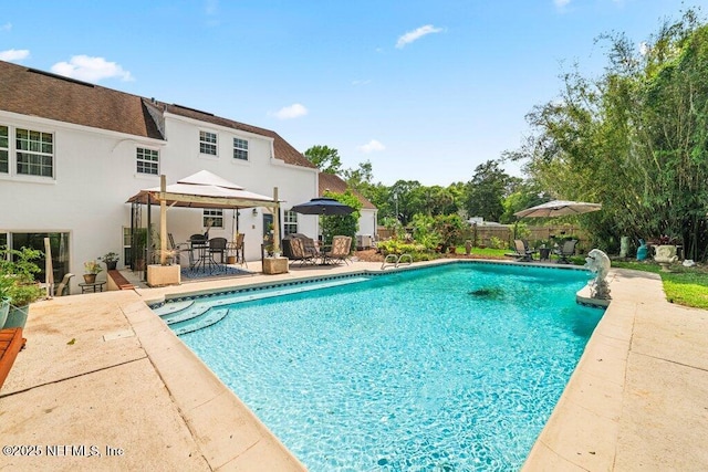 view of pool with a gazebo, a patio area, fence, and a fenced in pool