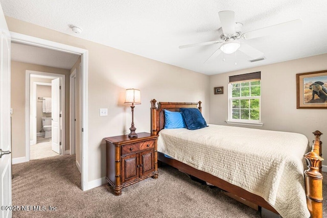 carpeted bedroom with baseboards, ceiling fan, and visible vents