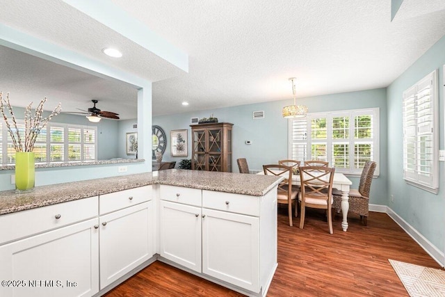 kitchen with recessed lighting, plenty of natural light, a textured ceiling, and dark wood-style flooring
