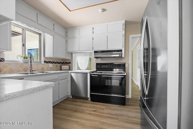 kitchen featuring light countertops, under cabinet range hood, a sink, light wood finished floors, and appliances with stainless steel finishes