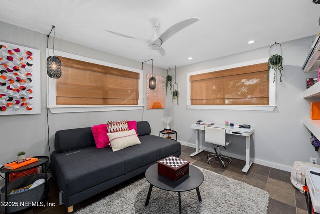 2740 Loja St, Saint Augustine, FL 32084 - living room featuring baseboards, recessed lighting, and a ceiling fan