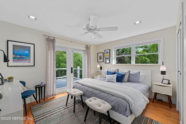 2740 Loja St, Saint Augustine, FL 32084 - bedroom with recessed lighting, access to exterior, ceiling fan, and light wood-style floors