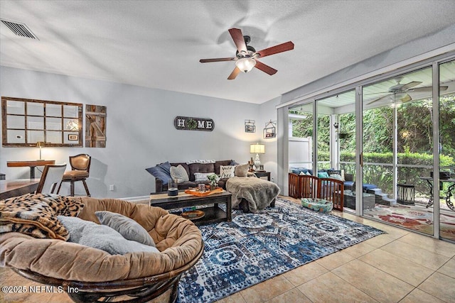 13529 Stone Pond Dr, Jacksonville, FL 32224 - tiled living area with a ceiling fan, plenty of natural light, and a textured ceiling