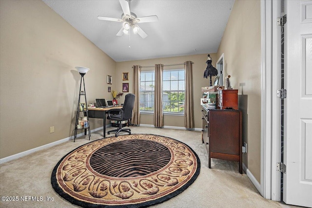 13529 Stone Pond Dr, Jacksonville, FL 32224 - home office with light colored carpet, a ceiling fan, baseboards, and lofted ceiling