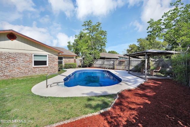 view of pool featuring a fenced in pool, a fenced backyard, a gazebo, a patio area, and a yard