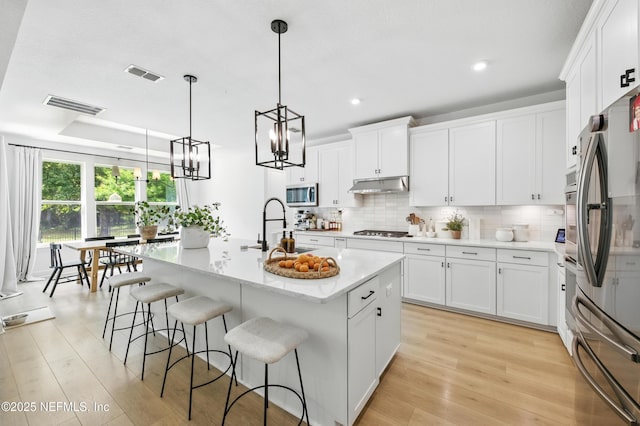 177 Windwalker Dr, Saint Augustine, FL 32092 - kitchen with stainless steel appliances, a sink, under cabinet range hood, light wood-style floors, and tasteful backsplash