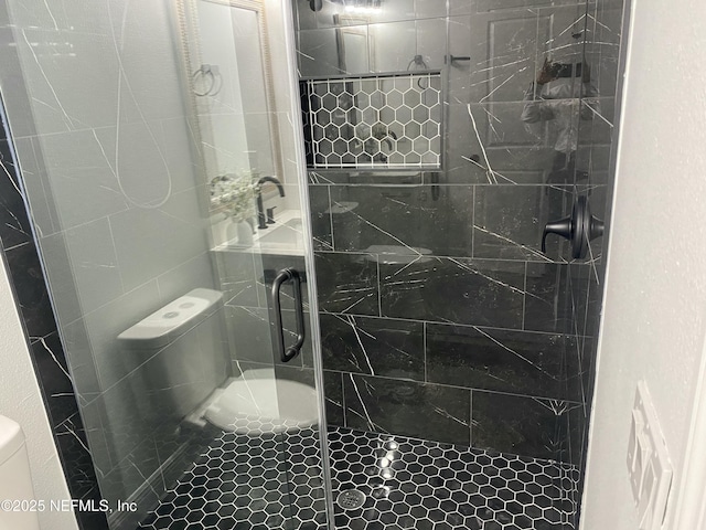 bathroom featuring a shower stall and toilet