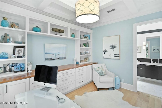 36 Preserve Island Cir, Ponte Vedra Beach, FL 32082 - office space with coffered ceiling, light wood-style floors, built in desk, visible vents, and crown molding
