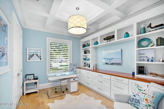 36 Preserve Island Cir, Ponte Vedra Beach, FL 32082 - office space featuring beam ceiling, light wood-type flooring, crown molding, and coffered ceiling
