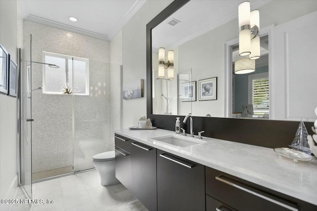 36 Preserve Island Cir, Ponte Vedra Beach, FL 32082 - full bathroom featuring ornamental molding, walk in shower, toilet, and vanity