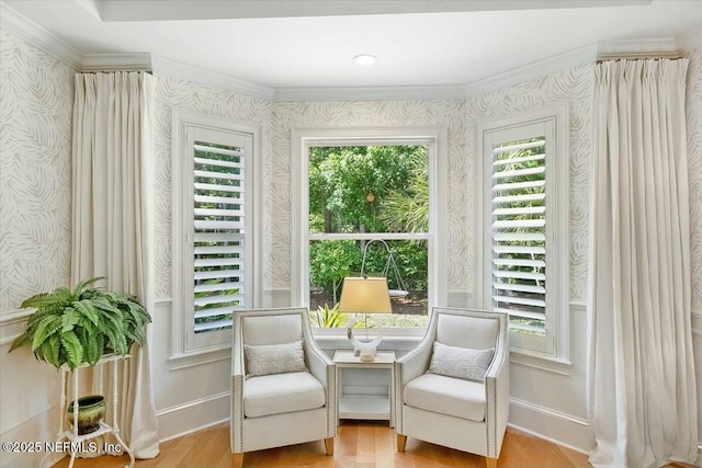 36 Preserve Island Cir, Ponte Vedra Beach, FL 32082 - living area featuring baseboards, wallpapered walls, wood finished floors, and crown molding