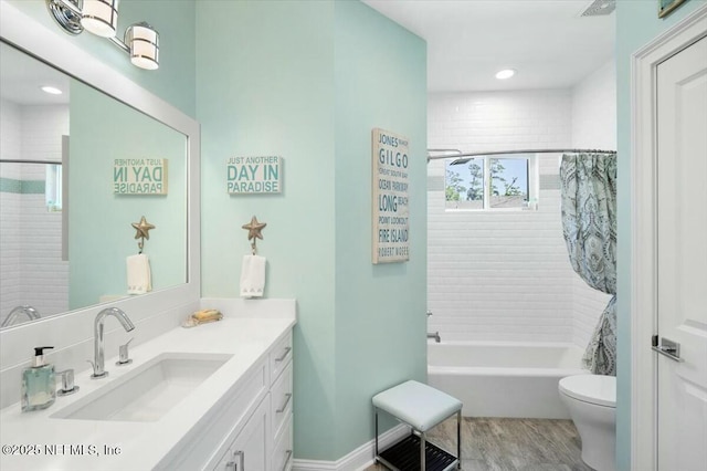 36 Preserve Island Cir, Ponte Vedra Beach, FL 32082 - full bathroom featuring shower / bathtub combination with curtain, wood finished floors, toilet, and vanity