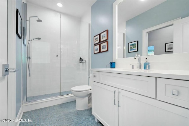 36 Preserve Island Cir, Ponte Vedra Beach, FL 32082 - bathroom with recessed lighting, a shower stall, vanity, tile patterned floors, and toilet