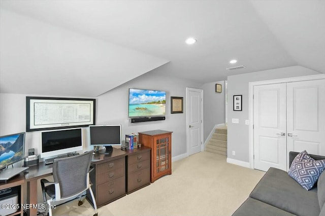 36 Preserve Island Cir, Ponte Vedra Beach, FL 32082 - office space with recessed lighting, light carpet, baseboards, visible vents, and lofted ceiling