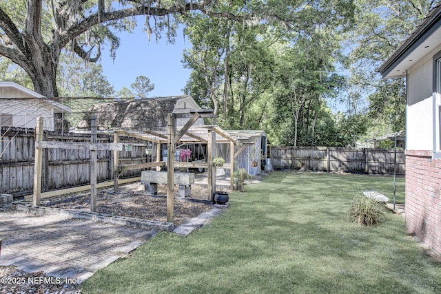 view of yard with an outdoor structure and a fenced backyard