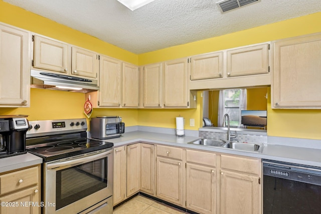kitchen featuring electric stove, light brown cabinetry, under cabinet range hood, dishwasher, and a sink