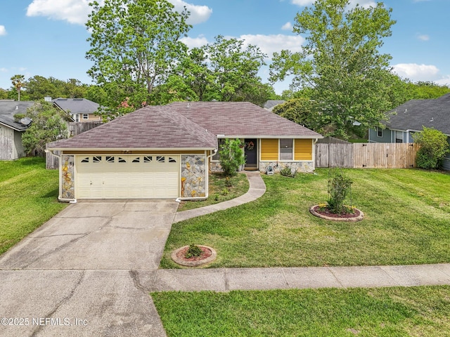 ranch-style home featuring fence, a front lawn, concrete driveway, and stone siding