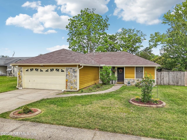 ranch-style house featuring a front yard, a garage, driveway, stone siding, and fence
