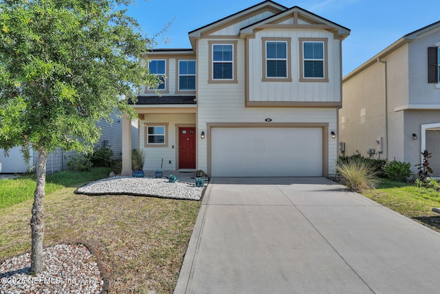 383 Narrowleaf Dr, Saint Johns, FL 32259 - traditional-style house with concrete driveway, an attached garage, and board and batten siding