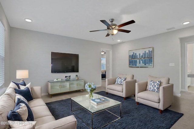 383 Narrowleaf Dr, Saint Johns, FL 32259 - living area featuring a ceiling fan, carpet flooring, visible vents, and recessed lighting