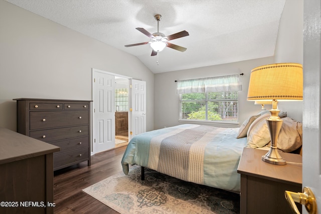 bedroom with connected bathroom, dark wood-style floors, a ceiling fan, a textured ceiling, and lofted ceiling