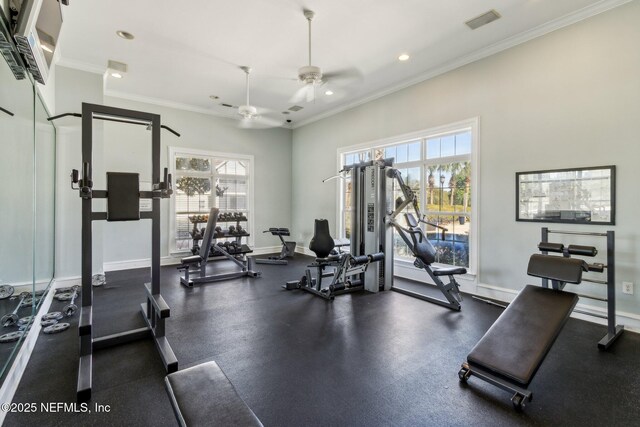 30936 Paradise Commons Unit 221, Fernandina Beach, FL 32034 - exercise room featuring a healthy amount of sunlight, a ceiling fan, crown molding, and recessed lighting