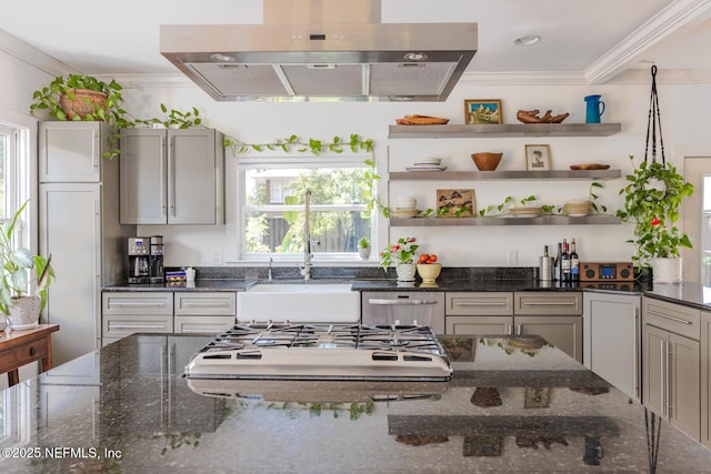 kitchen featuring crown molding, cooktop, under cabinet range hood, and a sink