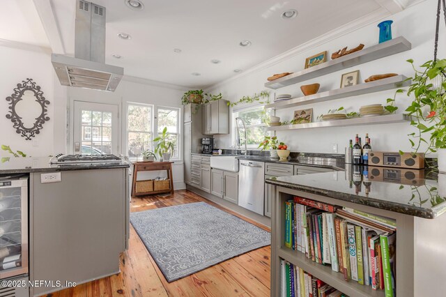 kitchen featuring open shelves, dishwasher, beverage cooler, island exhaust hood, and ornamental molding