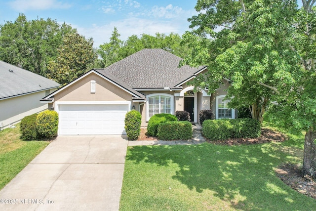 716 Hazelmoor Ln, Ponte Vedra, FL 32081 - view of front facade with roof with shingles, an attached garage, stucco siding, a front yard, and concrete driveway