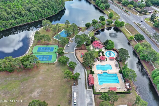bird's eye view with a water view