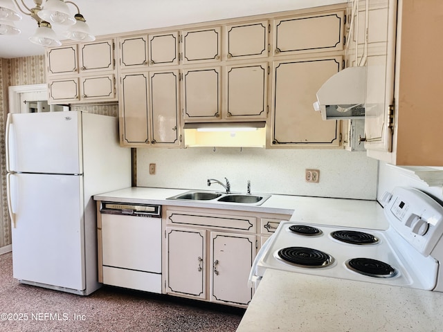 3715 Rustic Ln, Jacksonville, FL 32217 - kitchen with white appliances, ventilation hood, a sink, light countertops, and cream cabinetry
