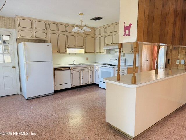 3715 Rustic Ln, Jacksonville, FL 32217 - kitchen with white appliances, a peninsula, a chandelier, light countertops, and under cabinet range hood